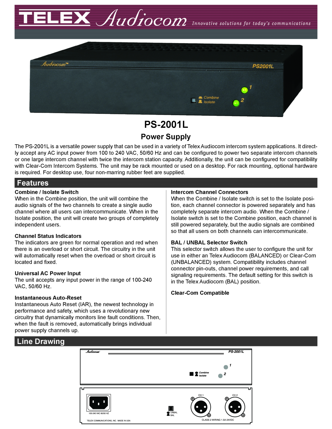 Telex PS-2001L manual Combine / Isolate Switch, Channel Status Indicators, Universal AC Power Input, Clear-Com Compatible 
