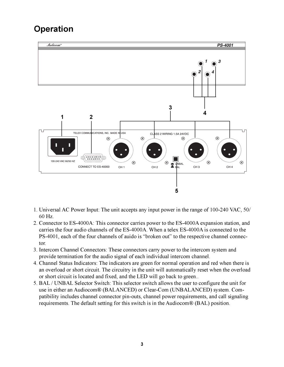 Telex PS-4001 manual Operation 