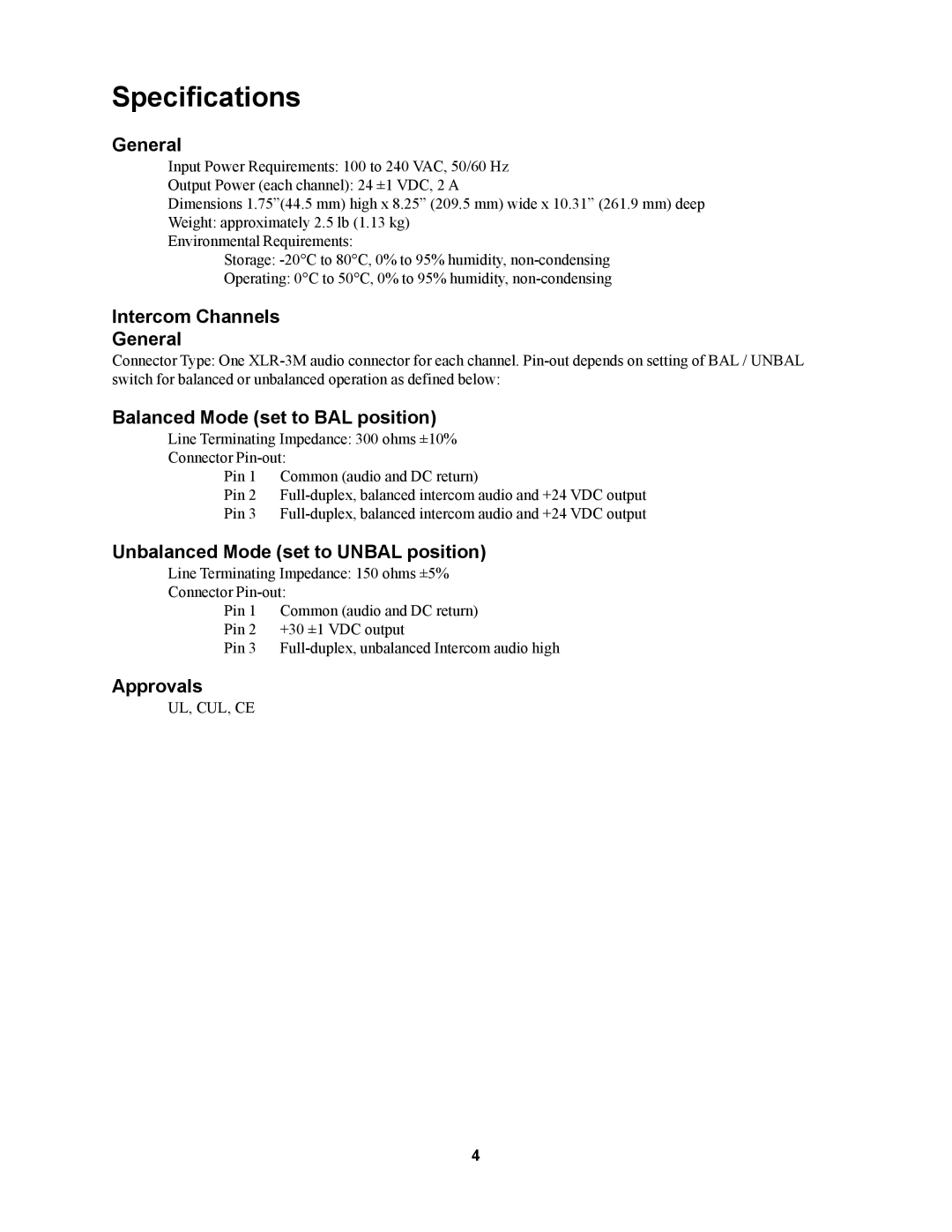 Telex PS-4001 manual Specifications, General 