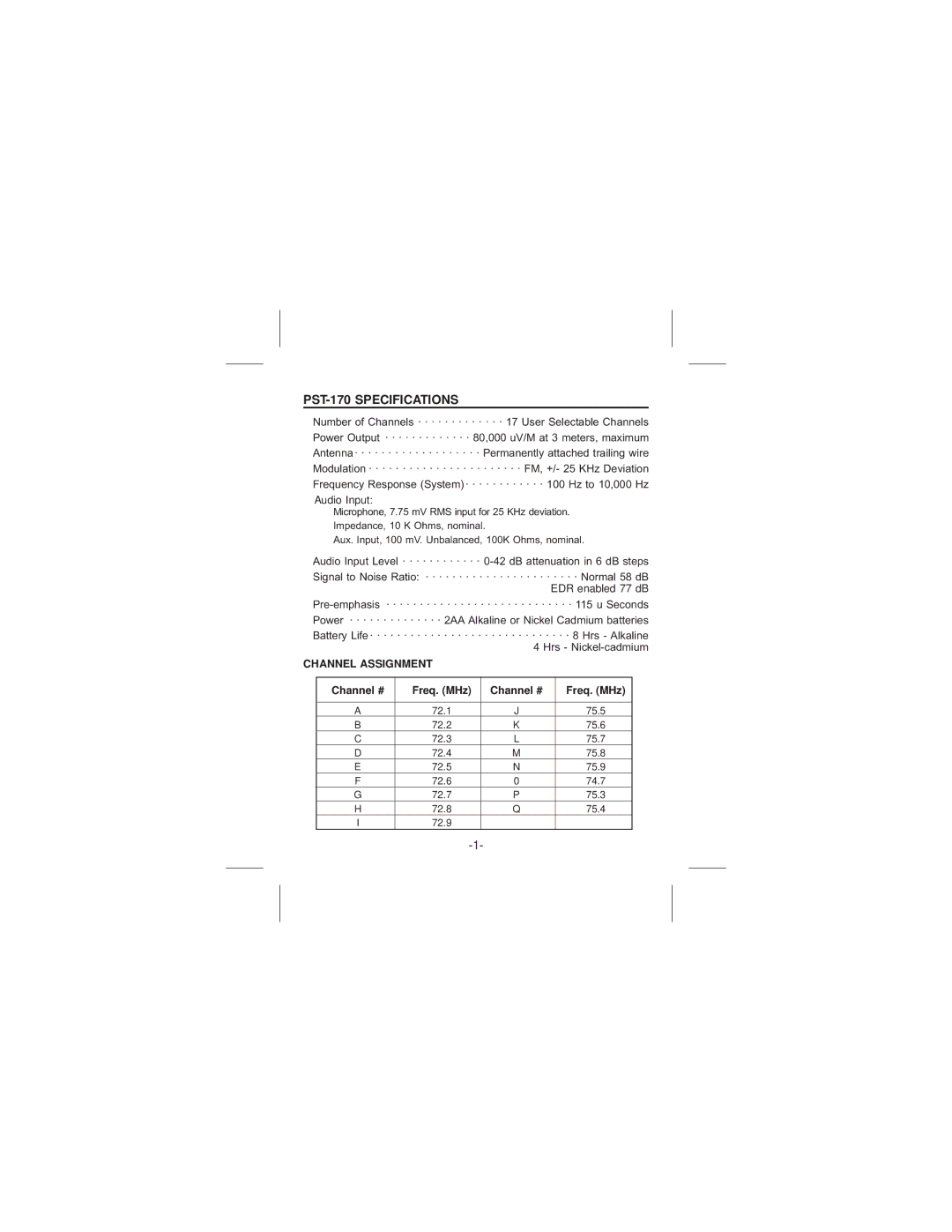 Telex manual PST-170 Specifications 