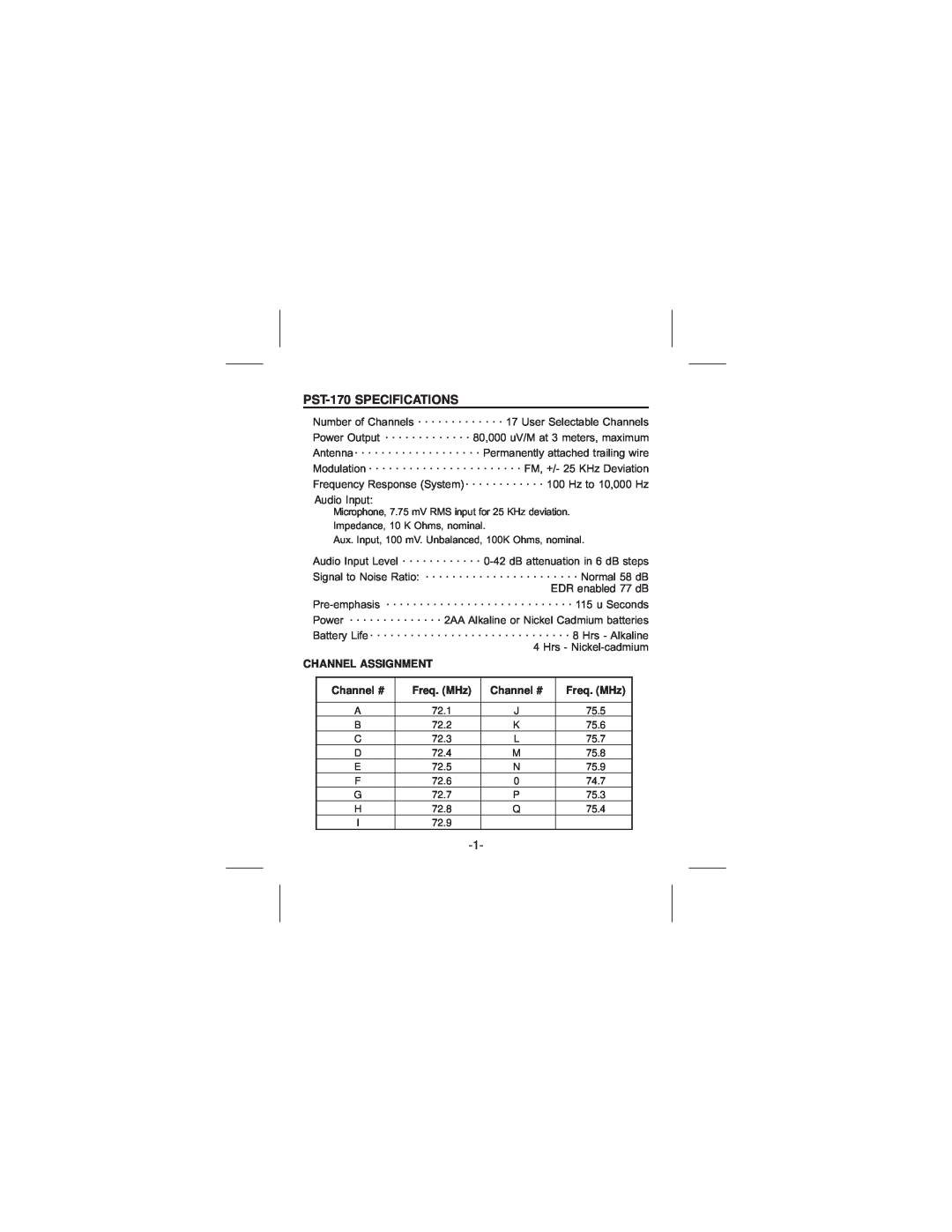 Telex manual PST-170SPECIFICATIONS, Channel Assignment, Channel #, Freq. MHz 