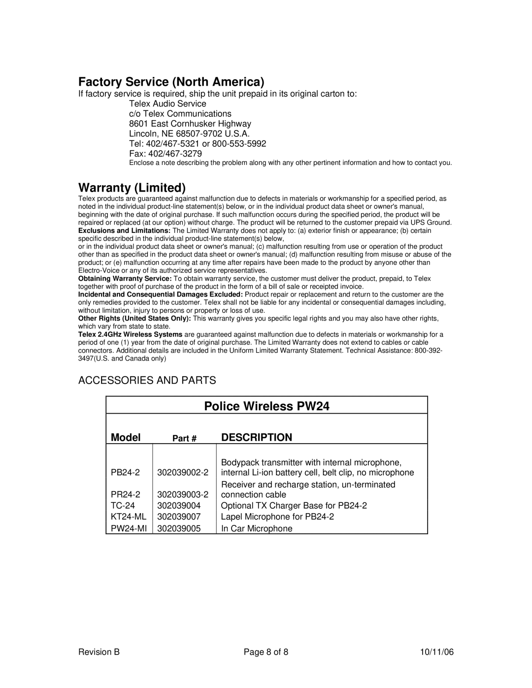 Telex PW24-2 manual Factory Service North America, Description 