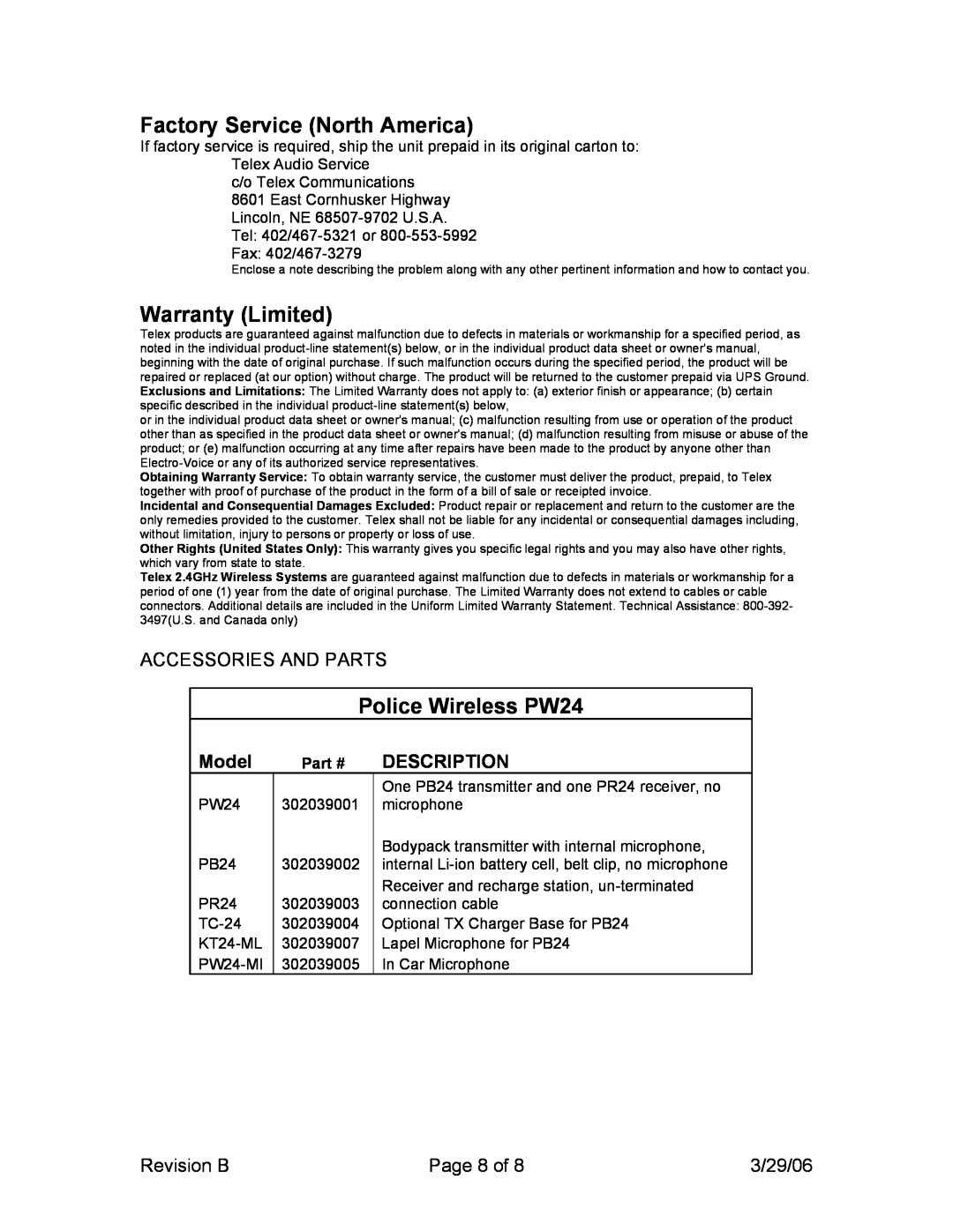 Telex manual Model, Description, Factory Service North America, Warranty Limited, Police Wireless PW24 
