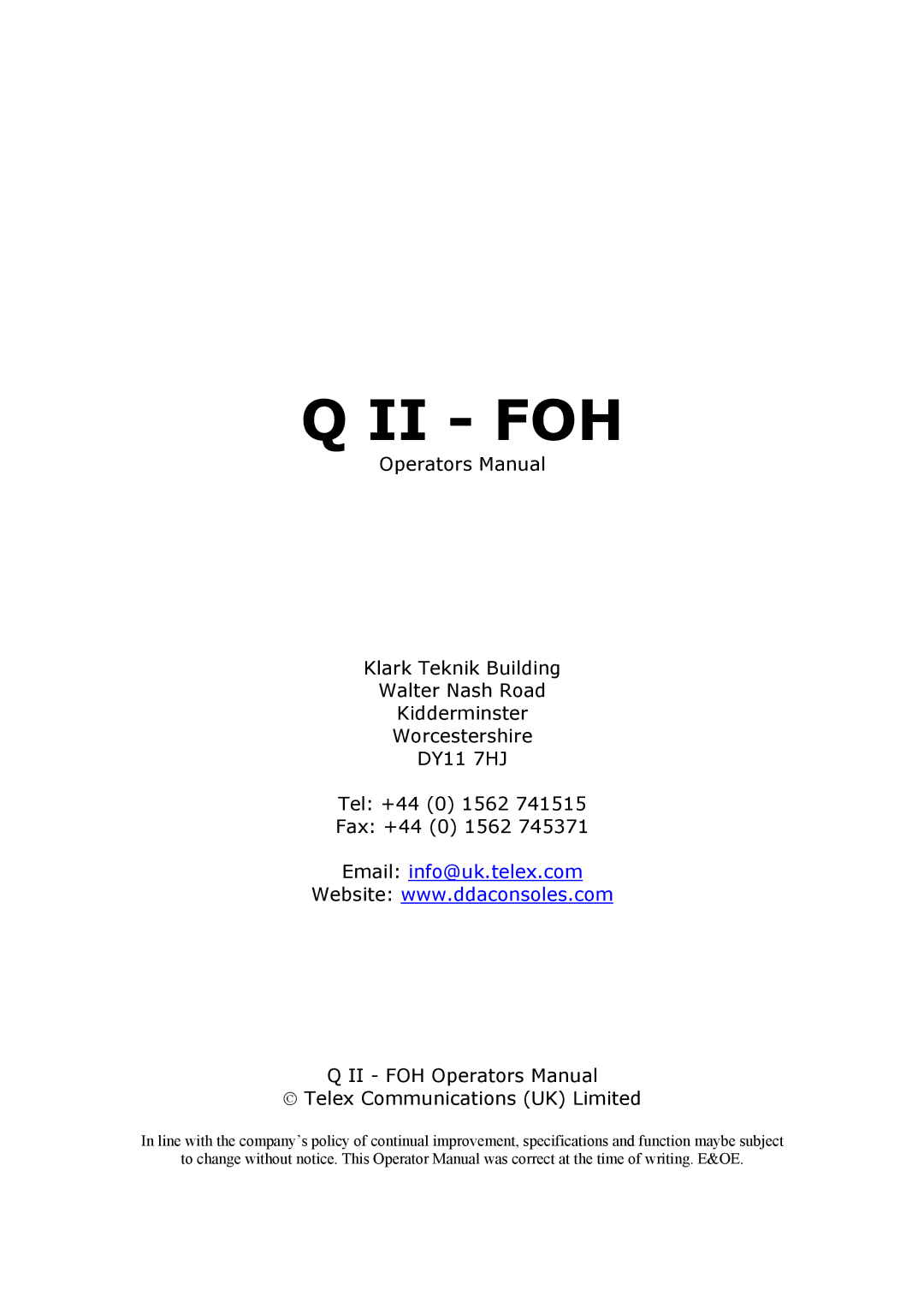 Telex Q II - FOH specifications Ii Foh 