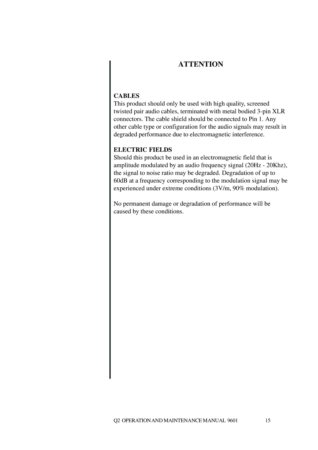 Telex Q II - FOH specifications Cables 