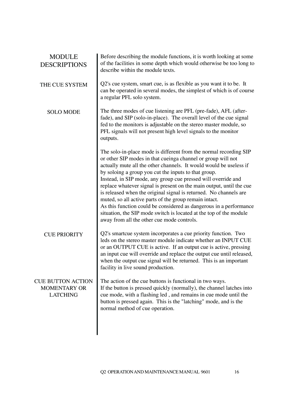 Telex Q II - FOH specifications Module Descriptions 