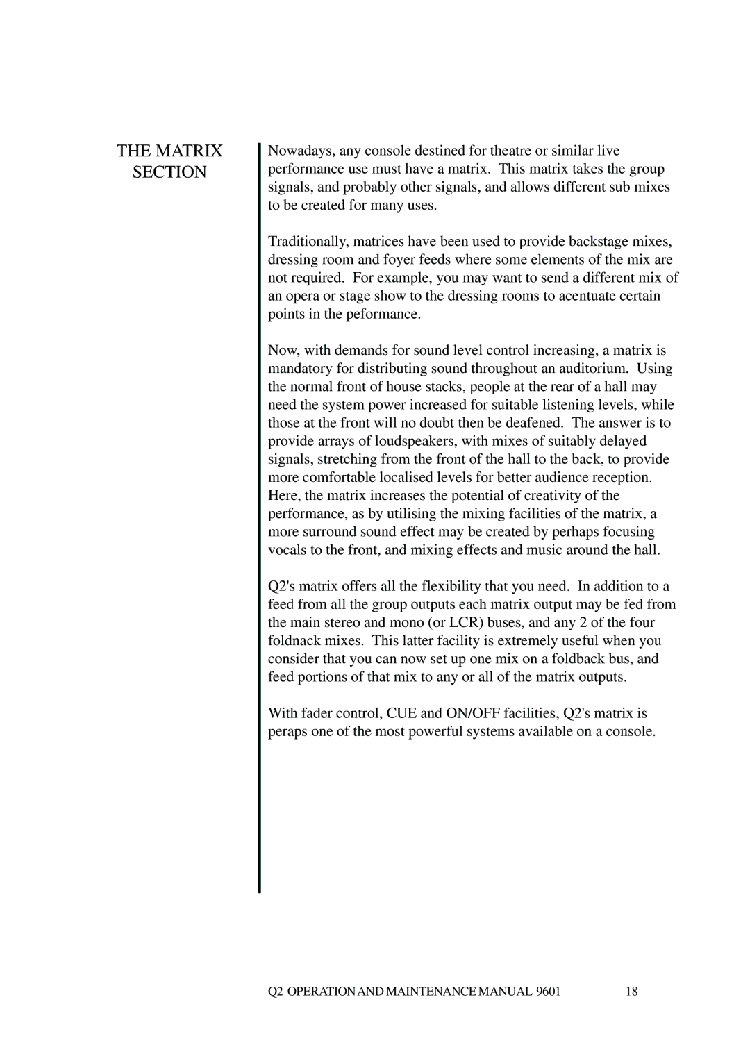 Telex Q II - FOH specifications Matrix Section 