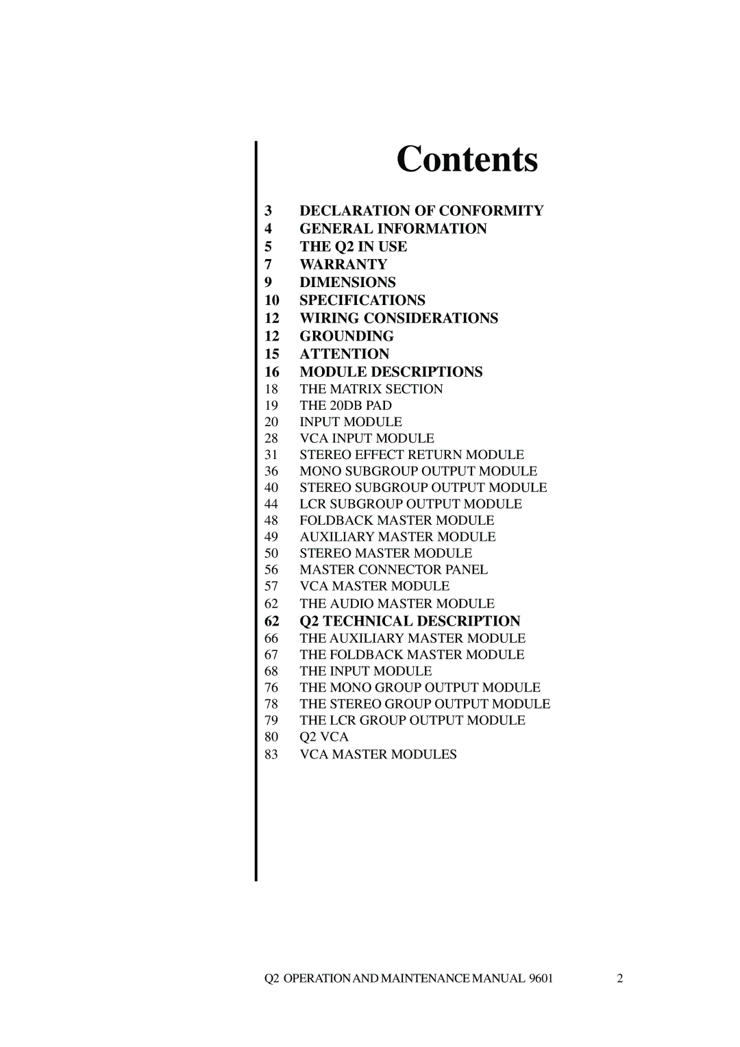 Telex Q II - FOH specifications Contents 