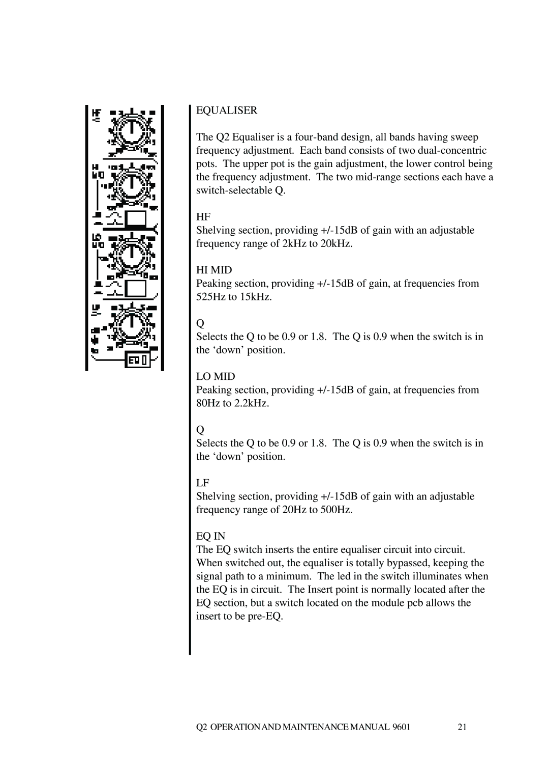 Telex Q II - FOH specifications Equaliser, Hi Mid, Lo Mid 