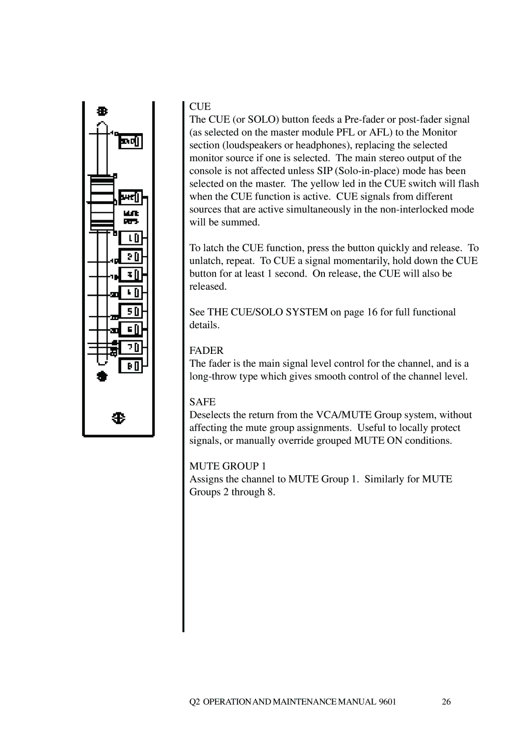 Telex Q II - FOH specifications Cue, Fader, Safe, Mute Group 