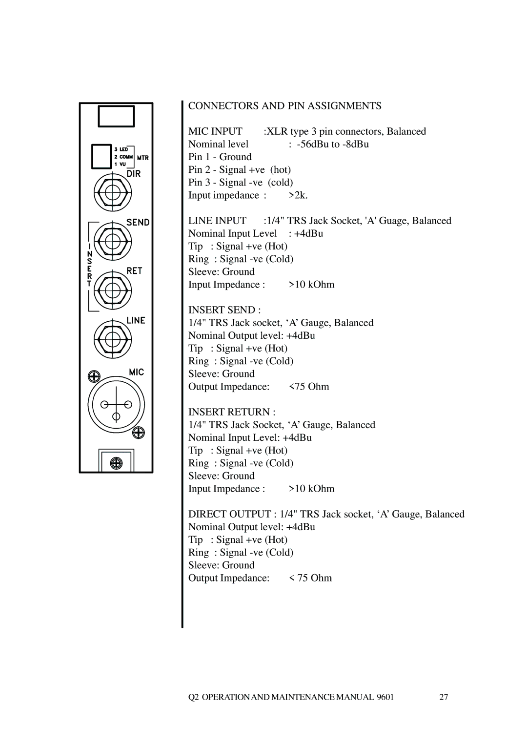 Telex Q II - FOH specifications Connectors and PIN Assignments, MIC Input, Line Input, Insert Send, Insert Return 