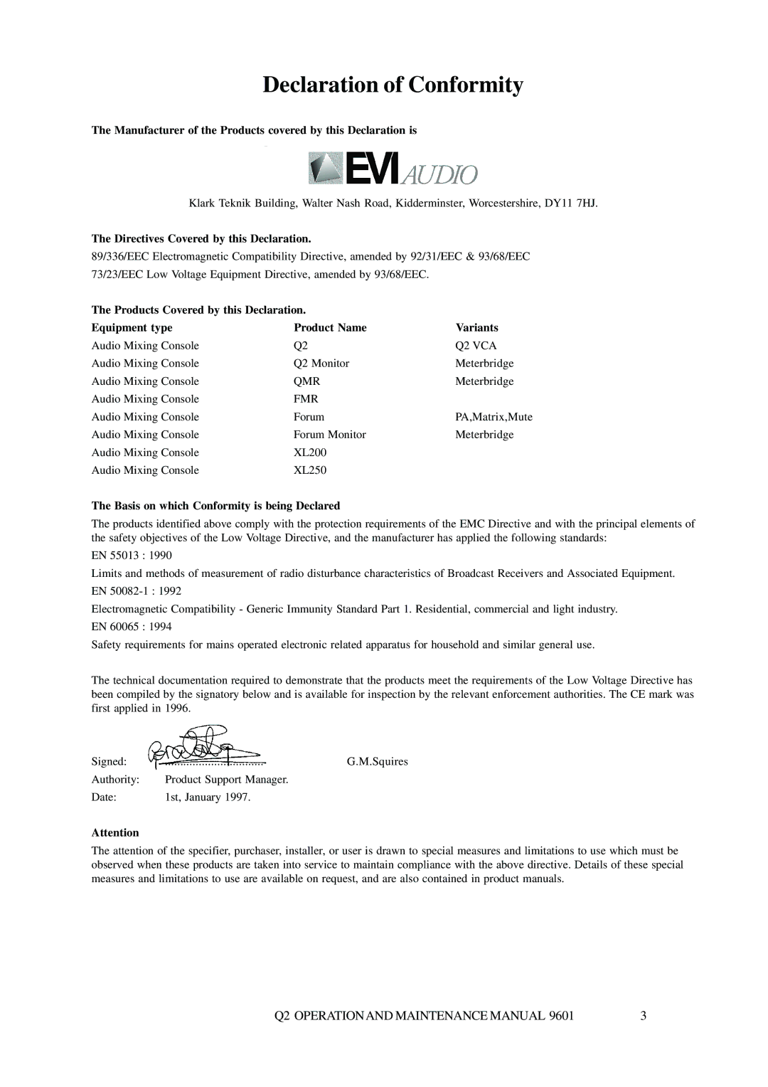 Telex Q II - FOH specifications Declaration of Conformity 