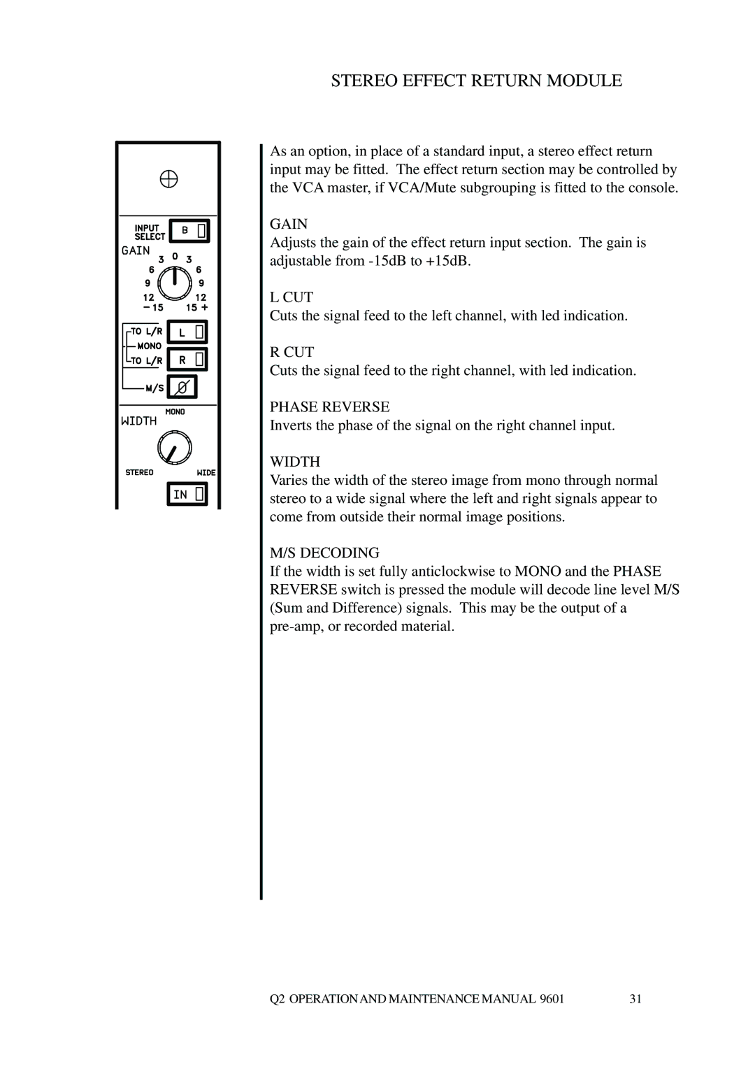 Telex Q II - FOH specifications Stereo Effect Return Module, Cut, Phase Reverse, Width, Decoding 