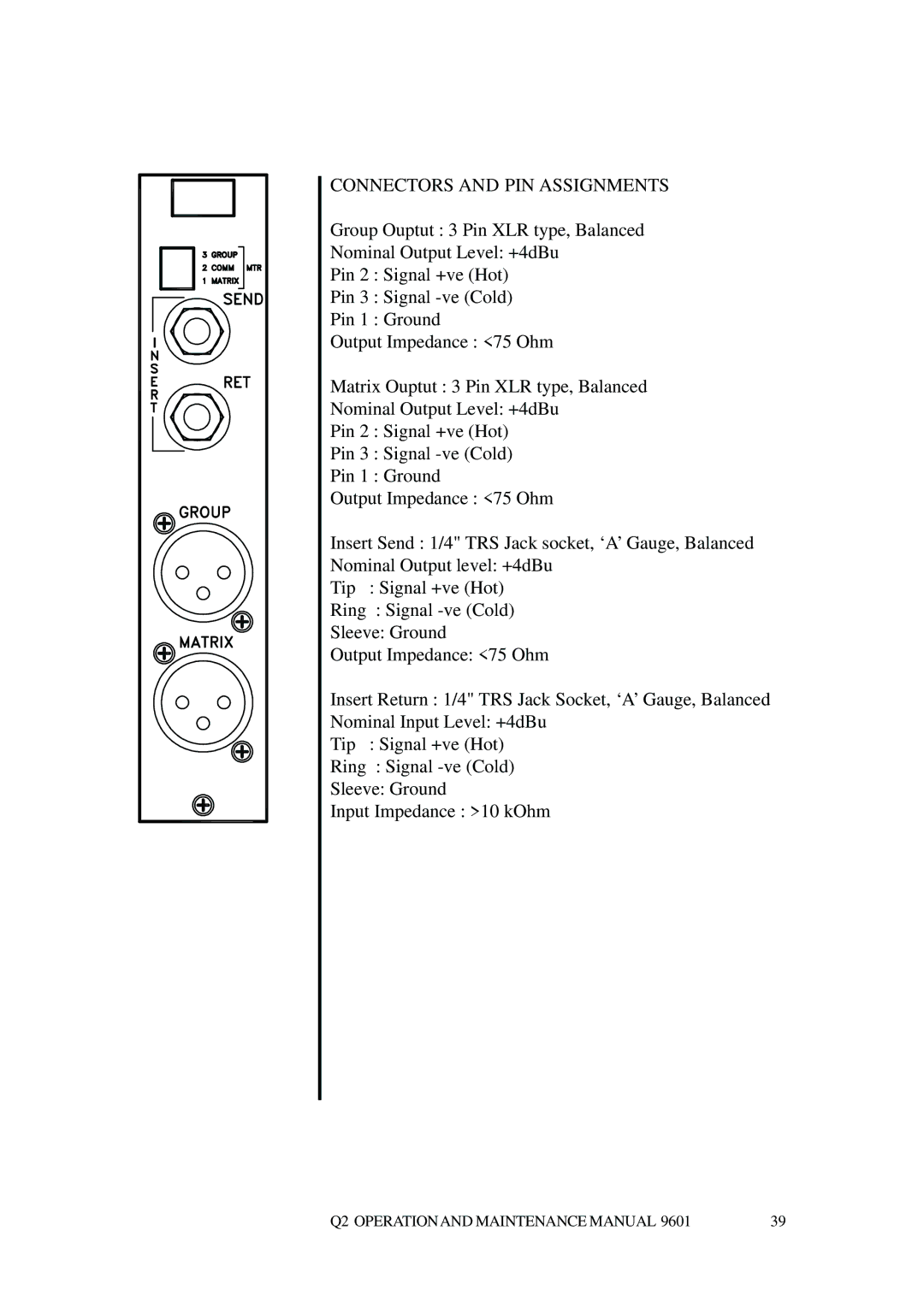 Telex Q II - FOH specifications Connectors and PIN Assignments 