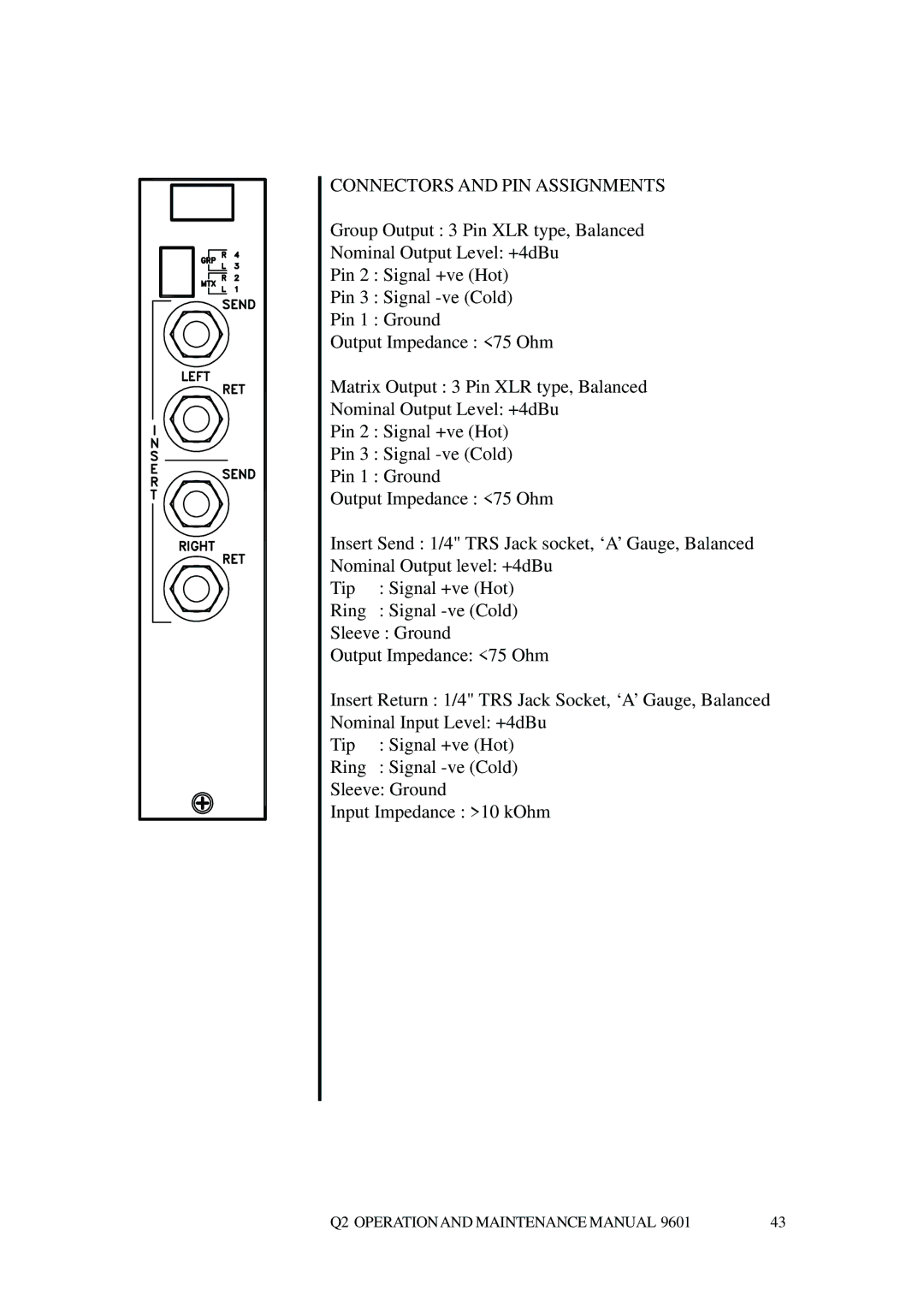 Telex Q II - FOH specifications Connectors and PIN Assignments 