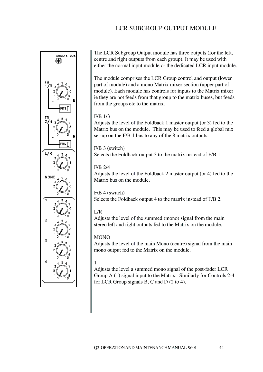 Telex Q II - FOH specifications LCR Subgroup Output Module, Mono 