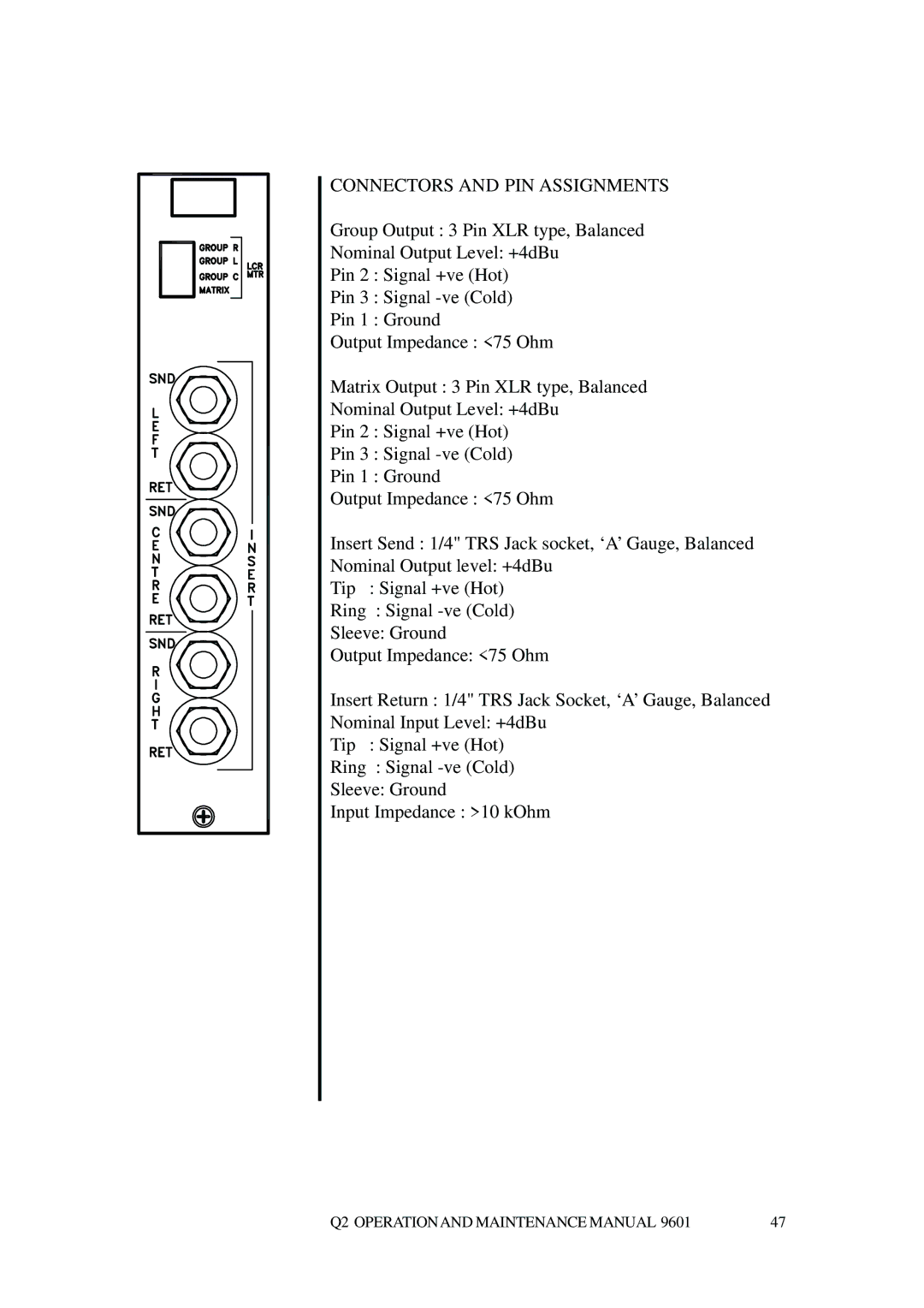 Telex Q II - FOH specifications Connectors and PIN Assignments 