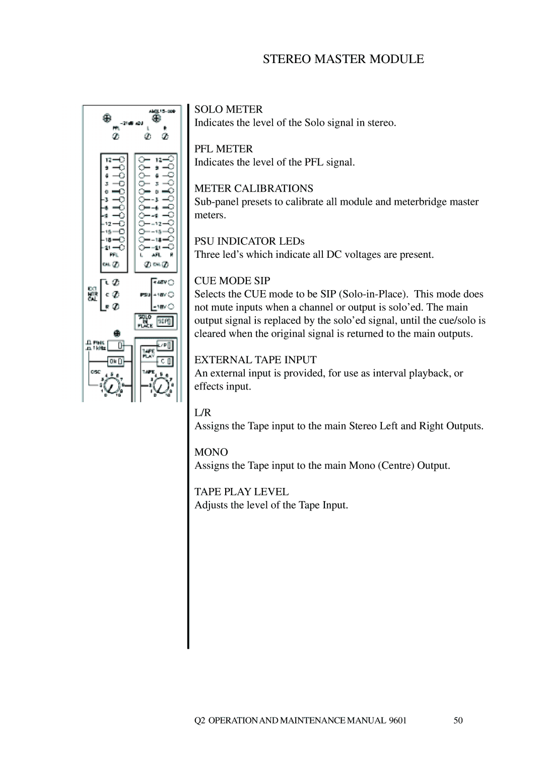 Telex Q II - FOH specifications Stereo Master Module 