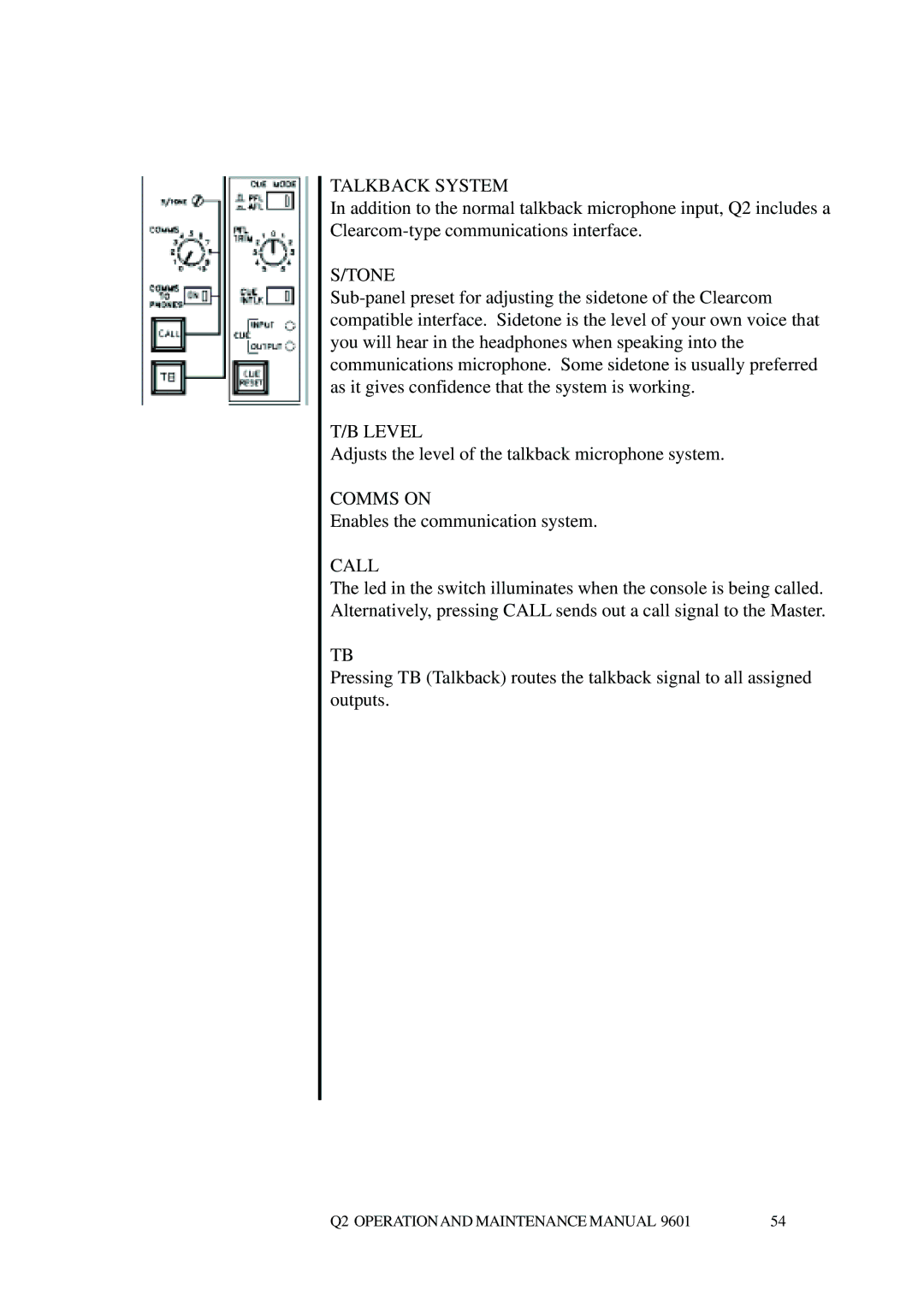 Telex Q II - FOH specifications Talkback System, Tone, Level, Comms on, Call 