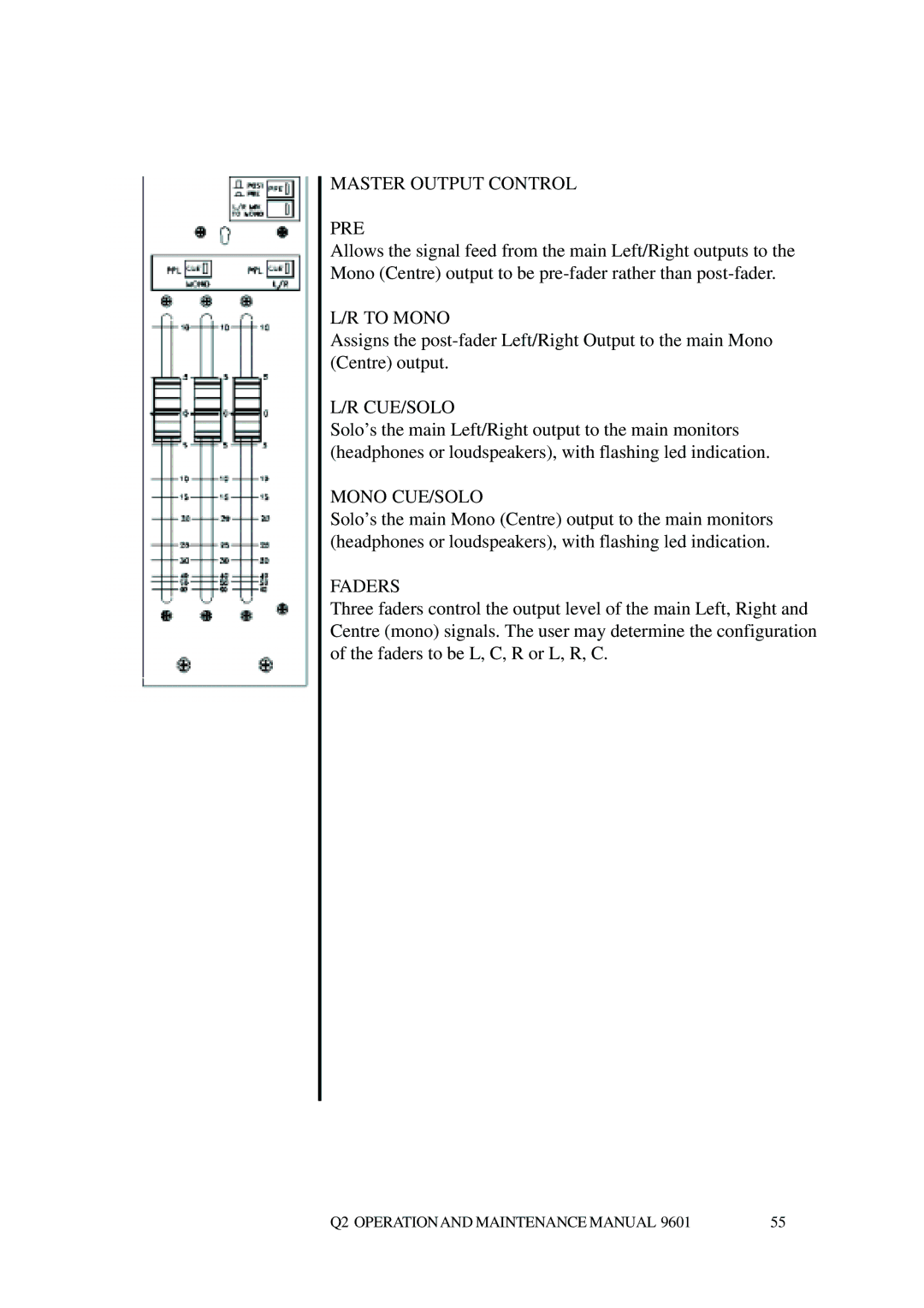 Telex Q II - FOH specifications Master Output Control PRE, To Mono, Mono CUE/SOLO, Faders 