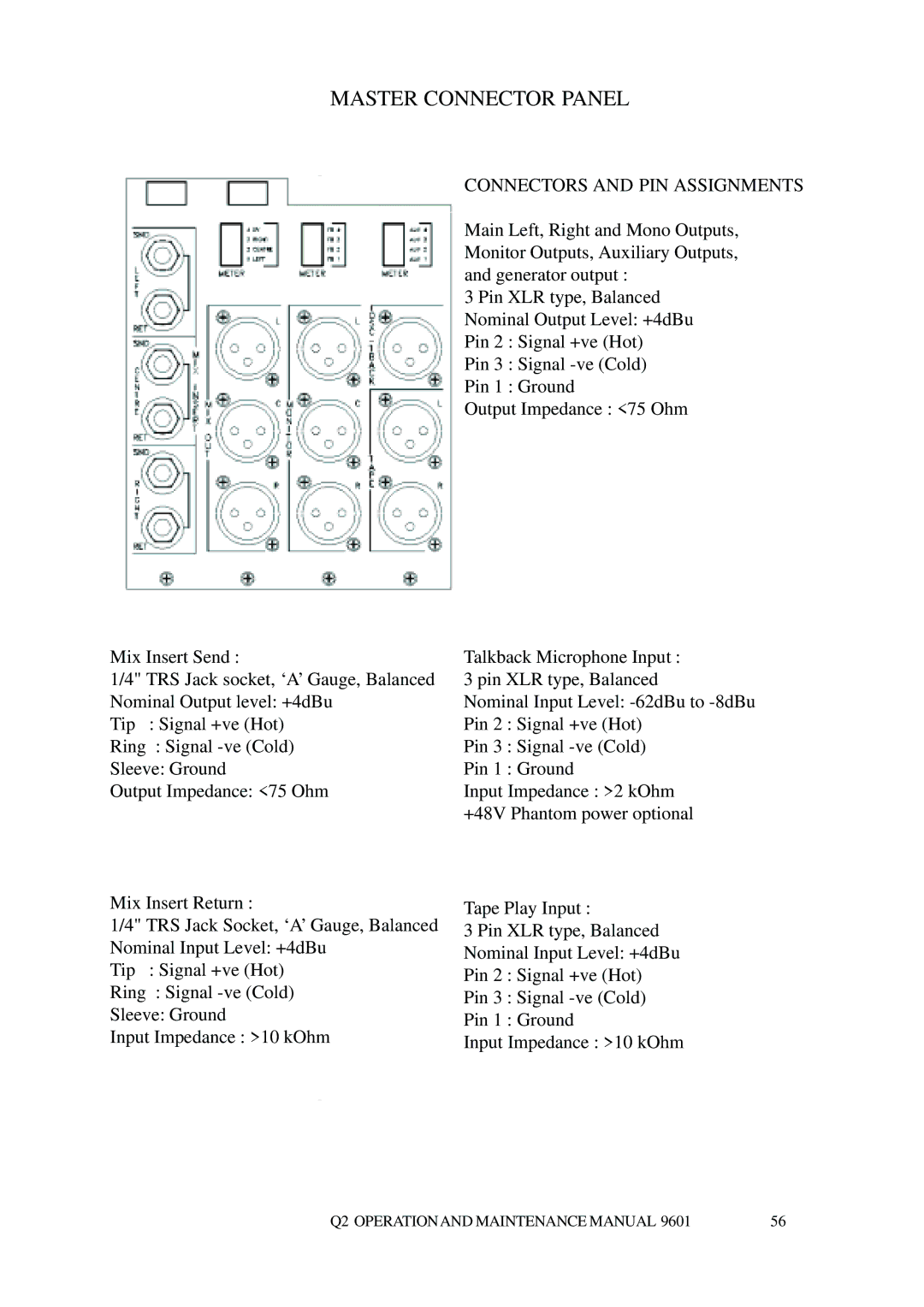 Telex Q II - FOH specifications Master Connector Panel, Connectors and PIN Assignments 