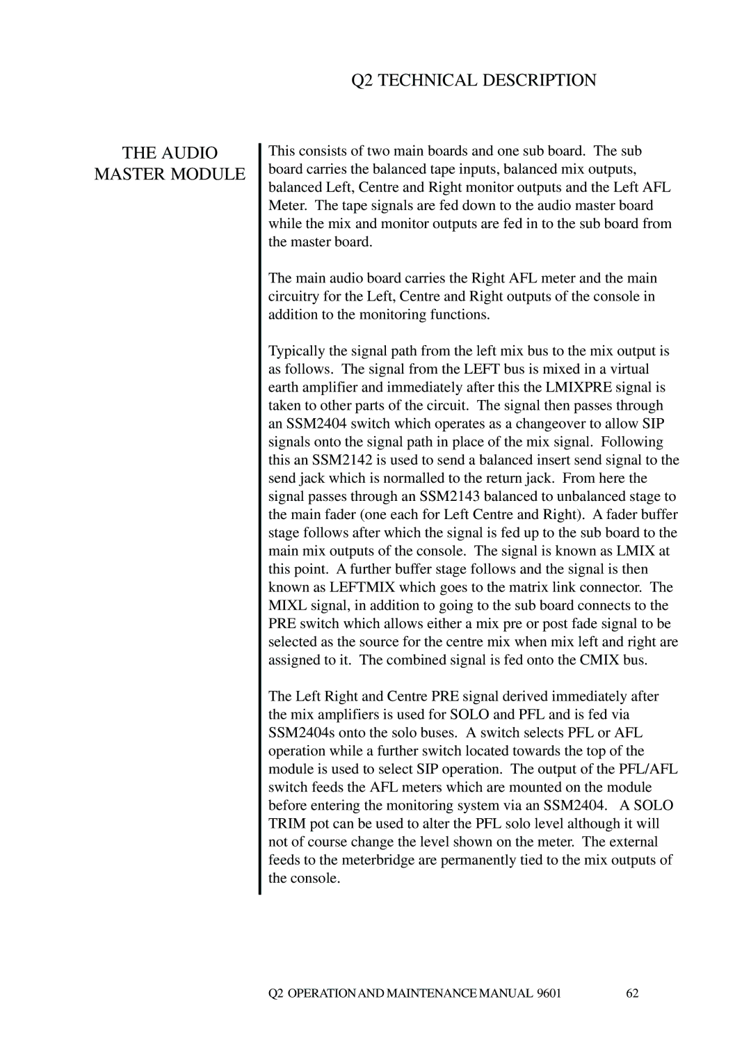 Telex Q II - FOH specifications Audio Master Module Q2 Technical Description 