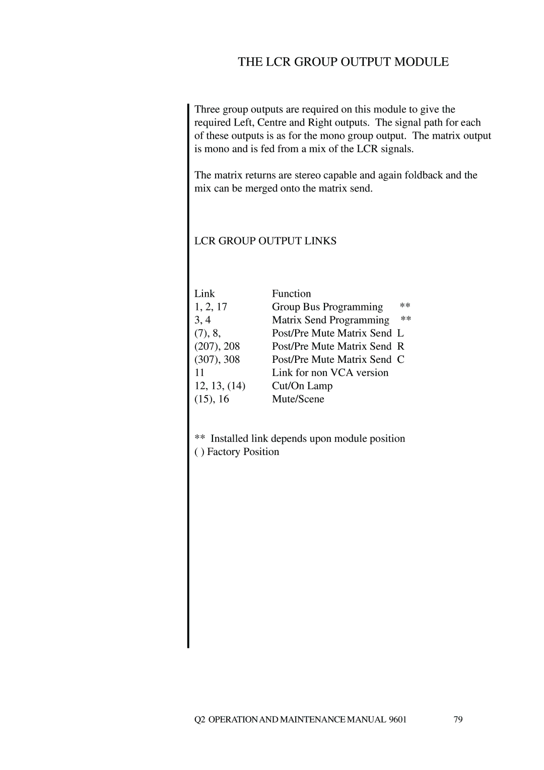 Telex Q II - FOH specifications LCR Group Output Module, LCR Group Output Links 