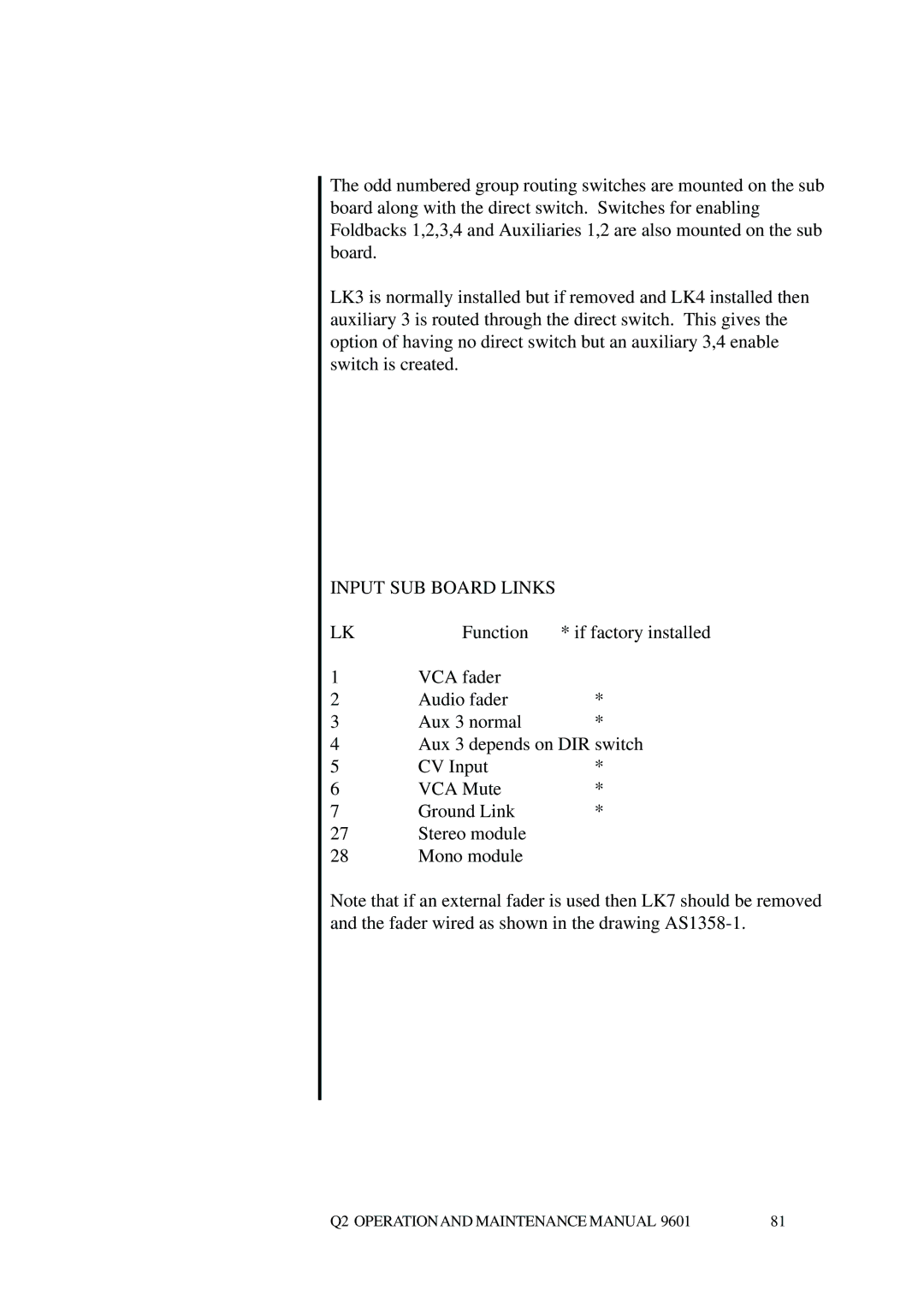 Telex Q II - FOH specifications Input SUB Board Links 