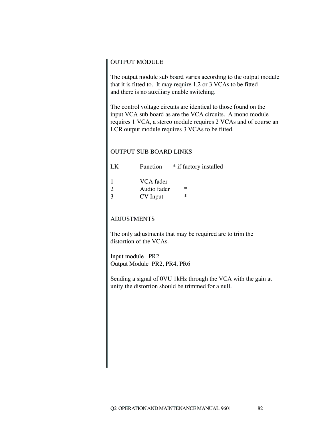 Telex Q II - FOH specifications Output Module, Output SUB Board Links, Adjustments 