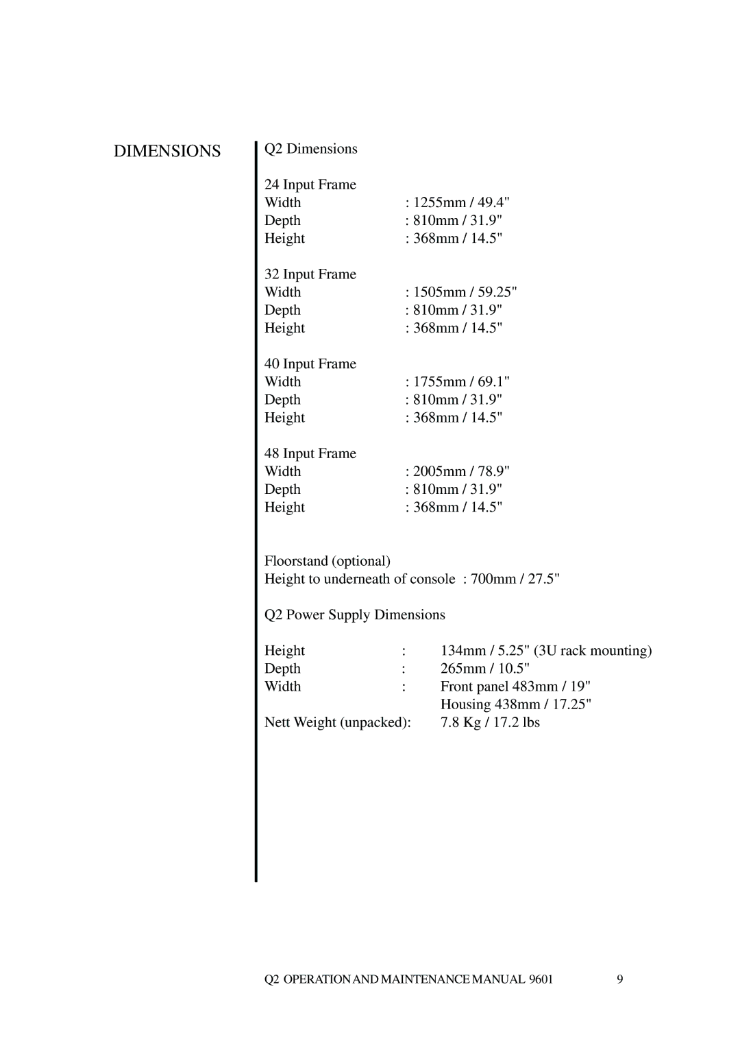 Telex Q II - FOH specifications Dimensions 