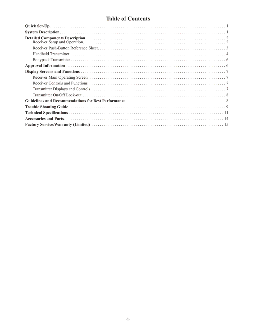 Telex RE-2 manual Table of Contents 