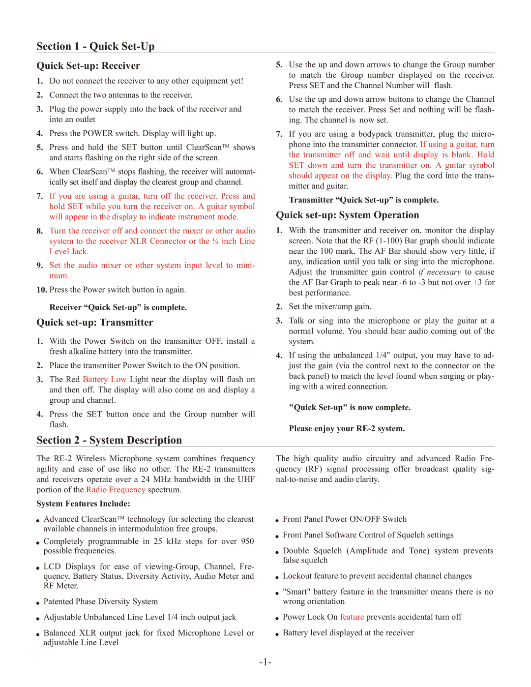 Telex RE-2 manual Quick Set-up Receiver, Quick set-up Transmitter, Quick set-up System Operation 