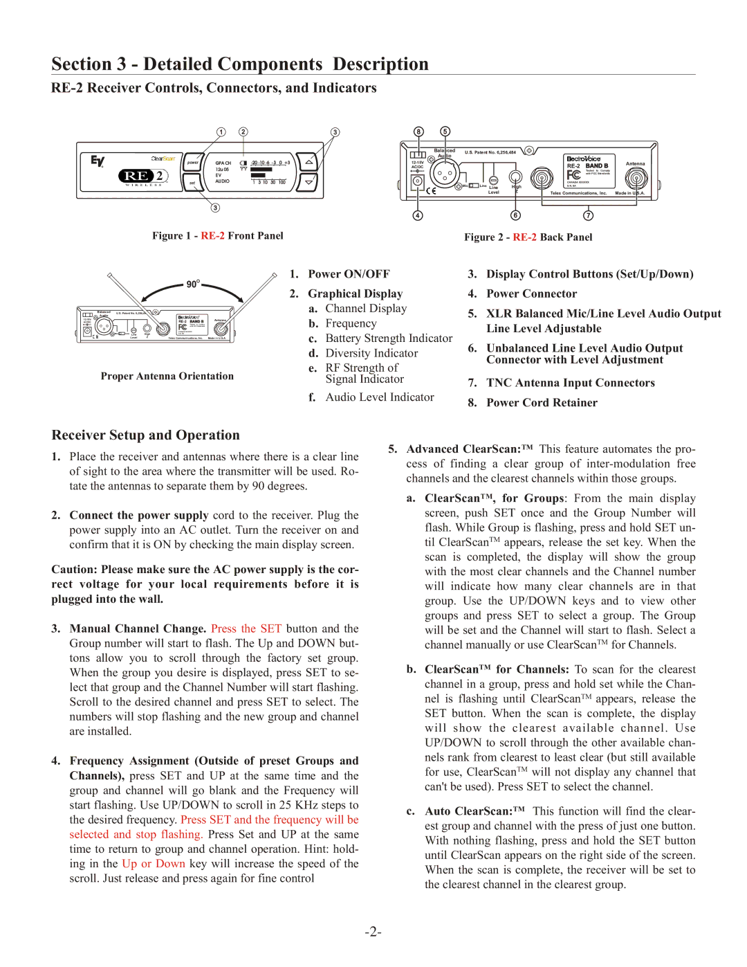 Telex Detailed Components Description, RE-2 Receiver Controls, Connectors, and Indicators, Receiver Setup and Operation 