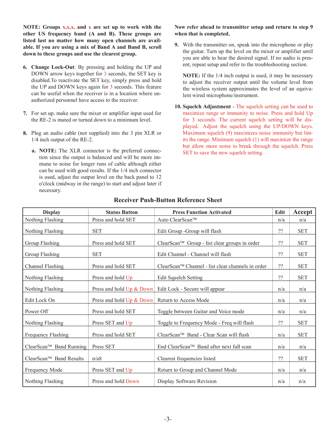 Telex RE-2 manual Receiver Push-Button Reference Sheet, Accept, Display Status Button Press Function Activated Edit 