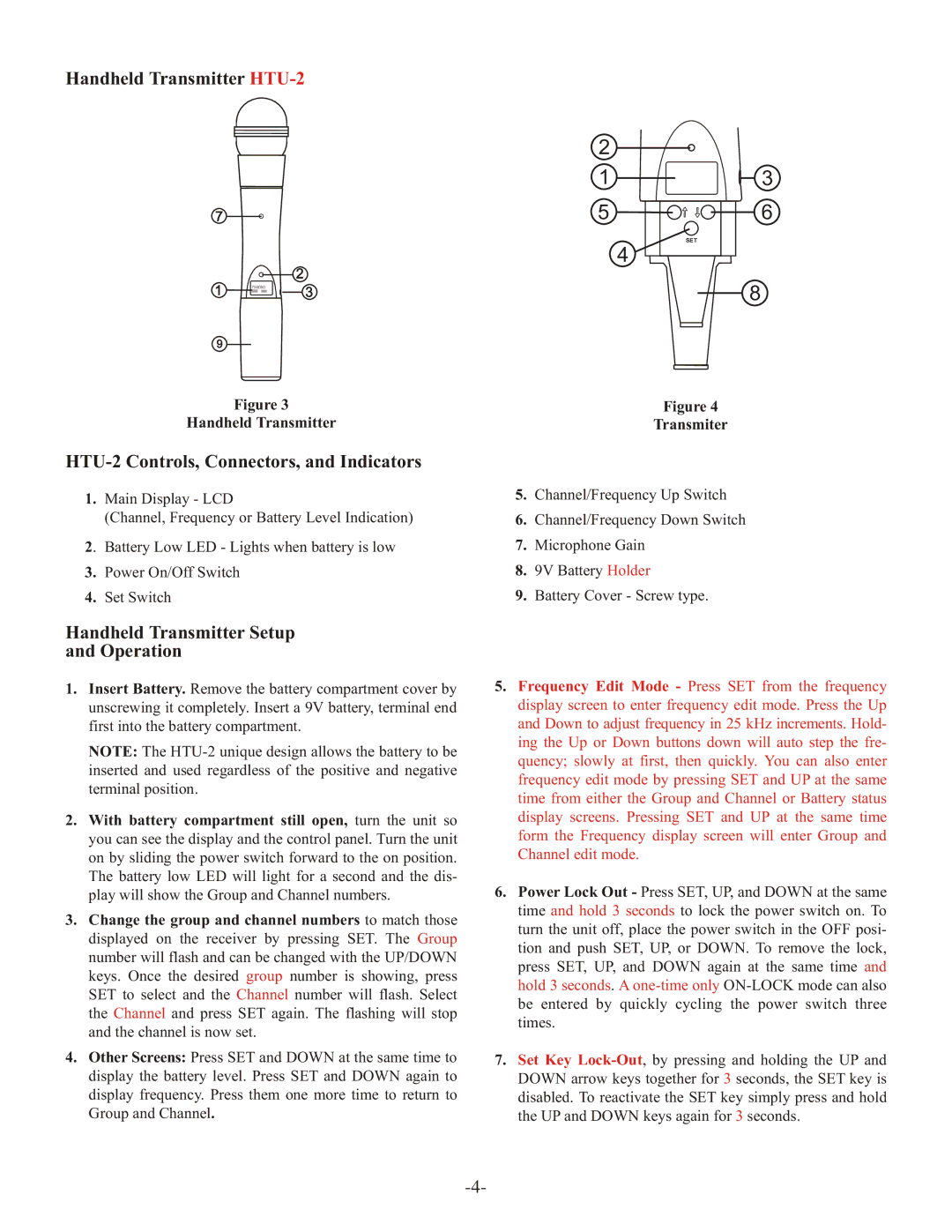 Telex RE-2 Handheld Transmitter HTU-2, HTU-2 Controls, Connectors, and Indicators, Handheld Transmitter Setup Operation 