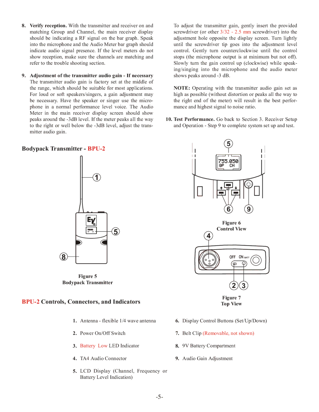 Telex RE-2 manual Bodypack Transmitter BPU-2, BPU-2Controls, Connectors, and Indicators, Control View, Top View 