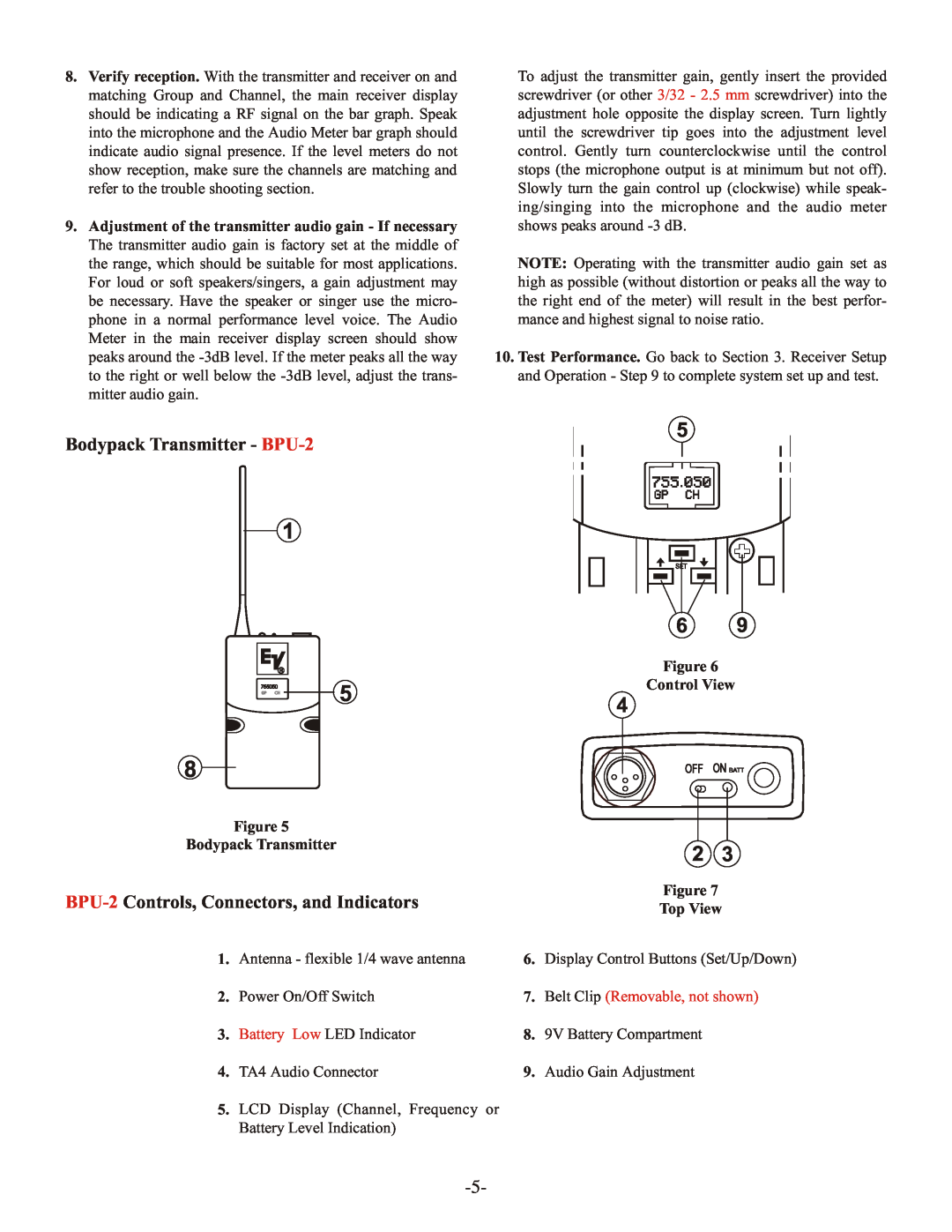 Telex RE-2 manual Bodypack Transmitter - BPU-2, BPU-2 Controls, Connectors, and Indicators, Figure Bodypack Transmitter 