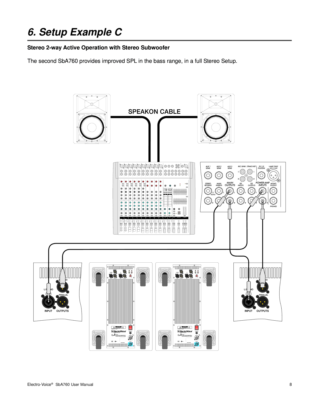 Telex SbA760 user manual Setup Example C, Stereo 2-way Active Operation with Stereo Subwoofer 