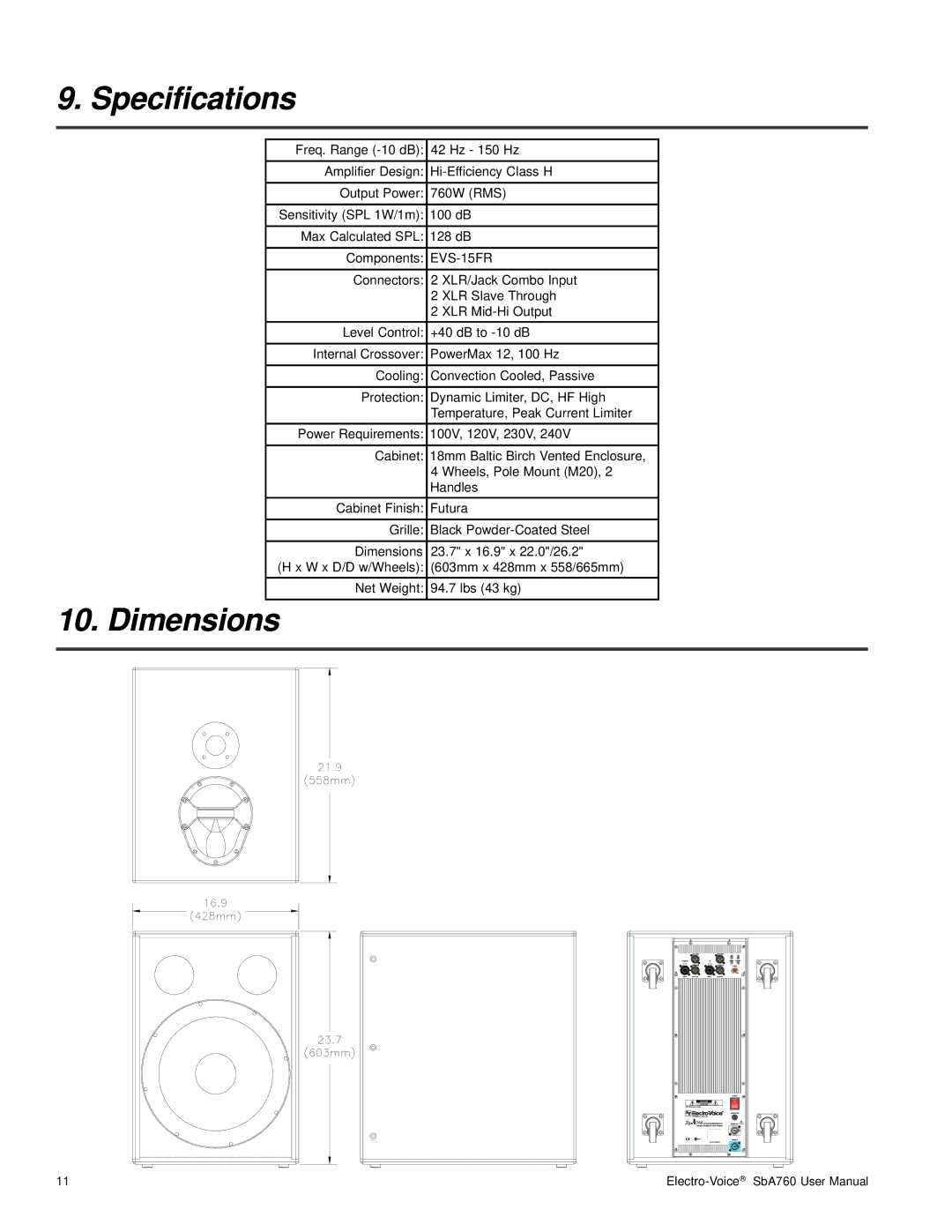 Telex SbA760 user manual Specifications, Dimensions 