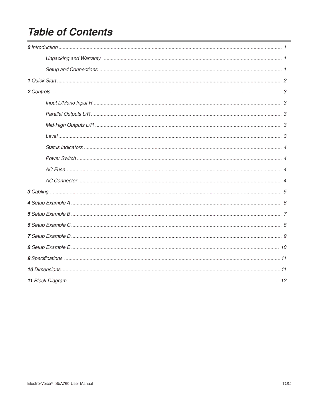 Telex SbA760 user manual Table of Contents 