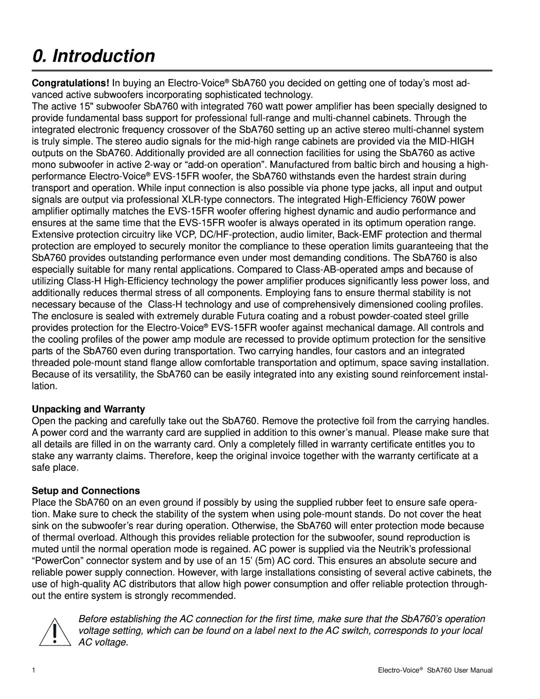 Telex SbA760 user manual Introduction, Unpacking and Warranty Setup and Connections 