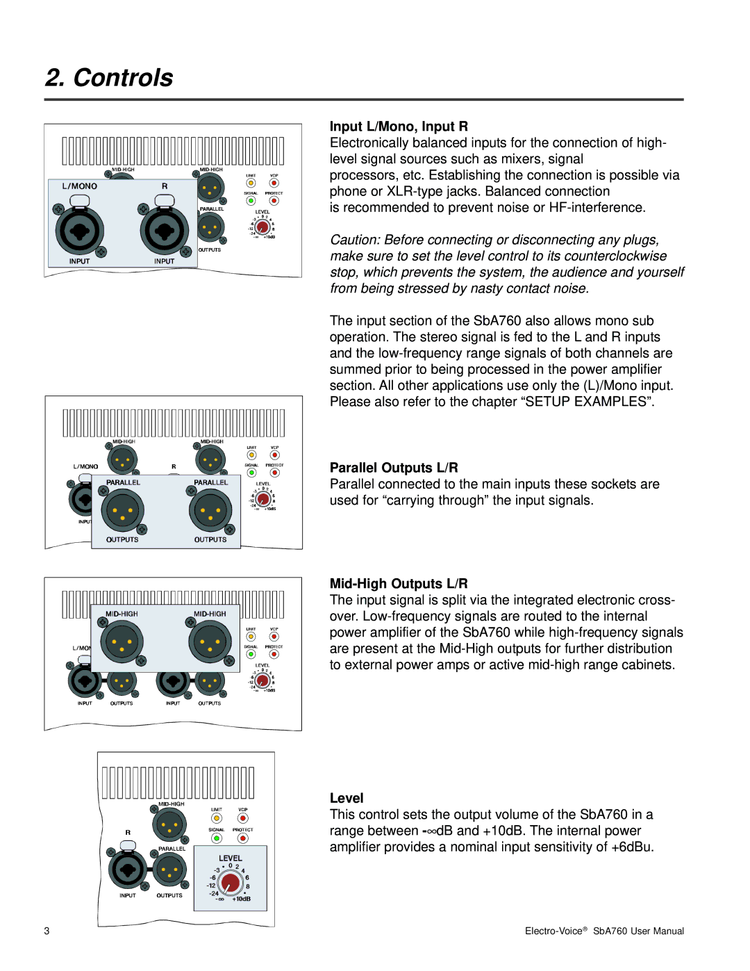 Telex SbA760 user manual Controls, Input L/Mono, Input R, Parallel Outputs L/R, Mid-High Outputs L/R, Level 