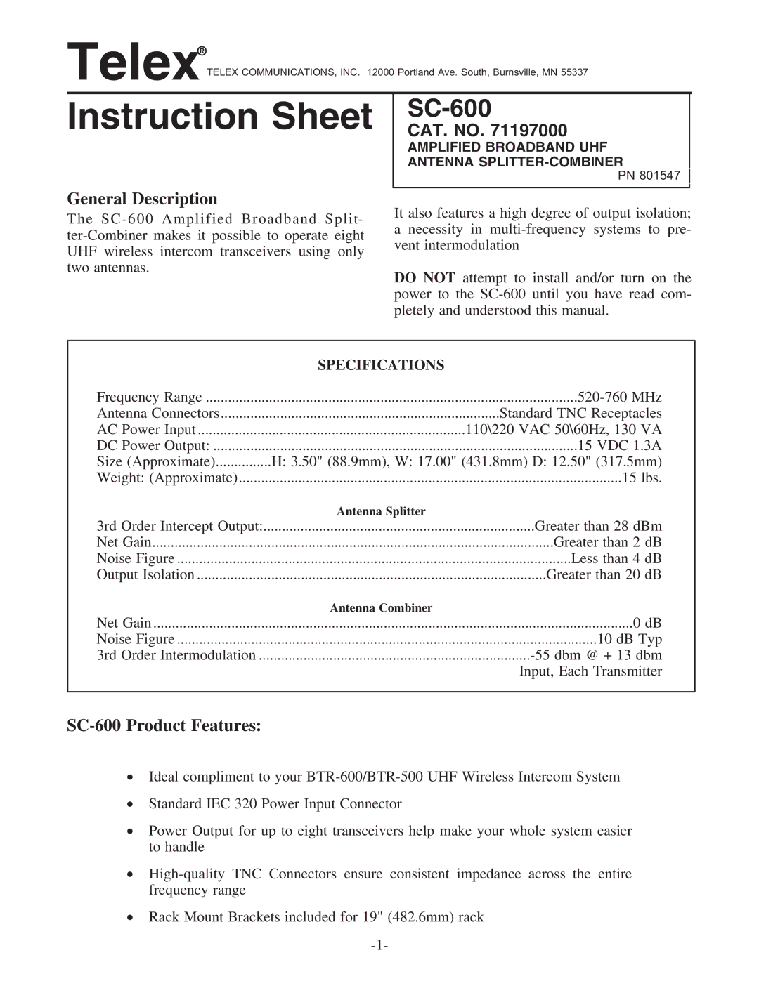 Telex sc-600 instruction sheet General Description, SC-600 Product Features 