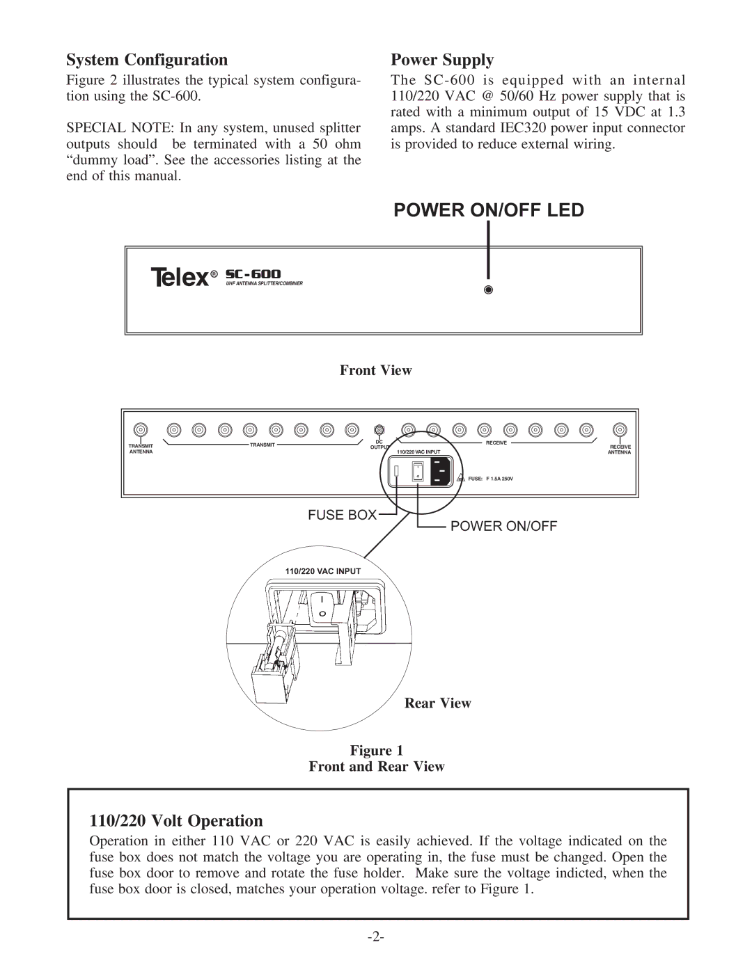 Telex sc-600 System Configuration, Power Supply, 110/220 Volt Operation, Front View, Rear View Front and Rear View 