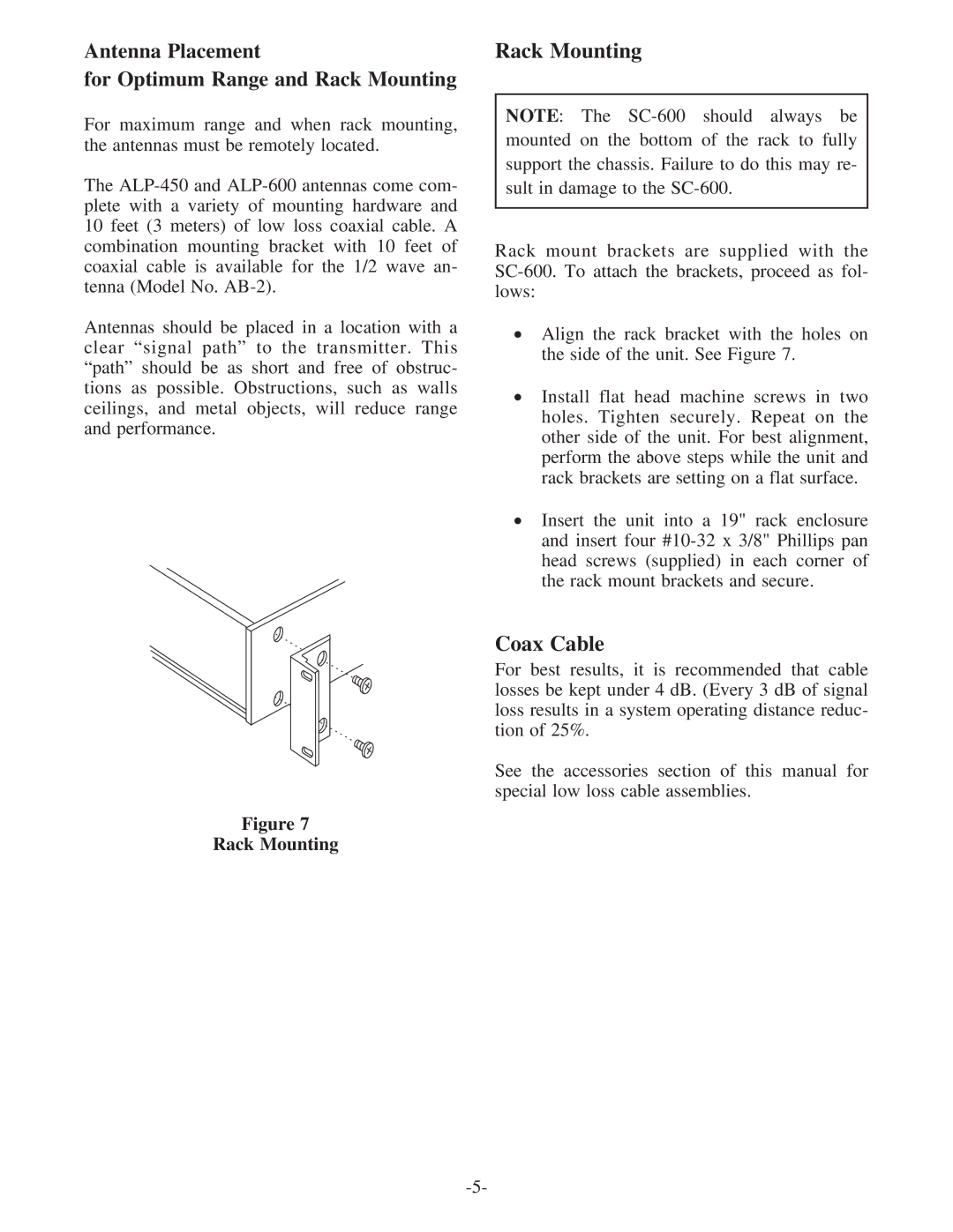 Telex sc-600 instruction sheet Rack Mounting, Coax Cable 