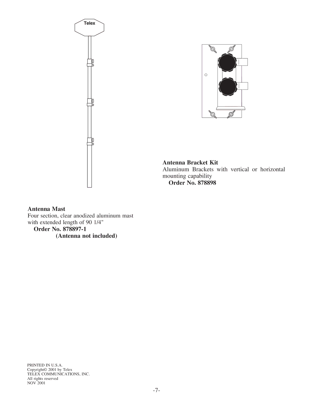 Telex sc-600 instruction sheet Antenna Bracket Kit, Order No Antenna Mast, Order No -1 Antenna not included 