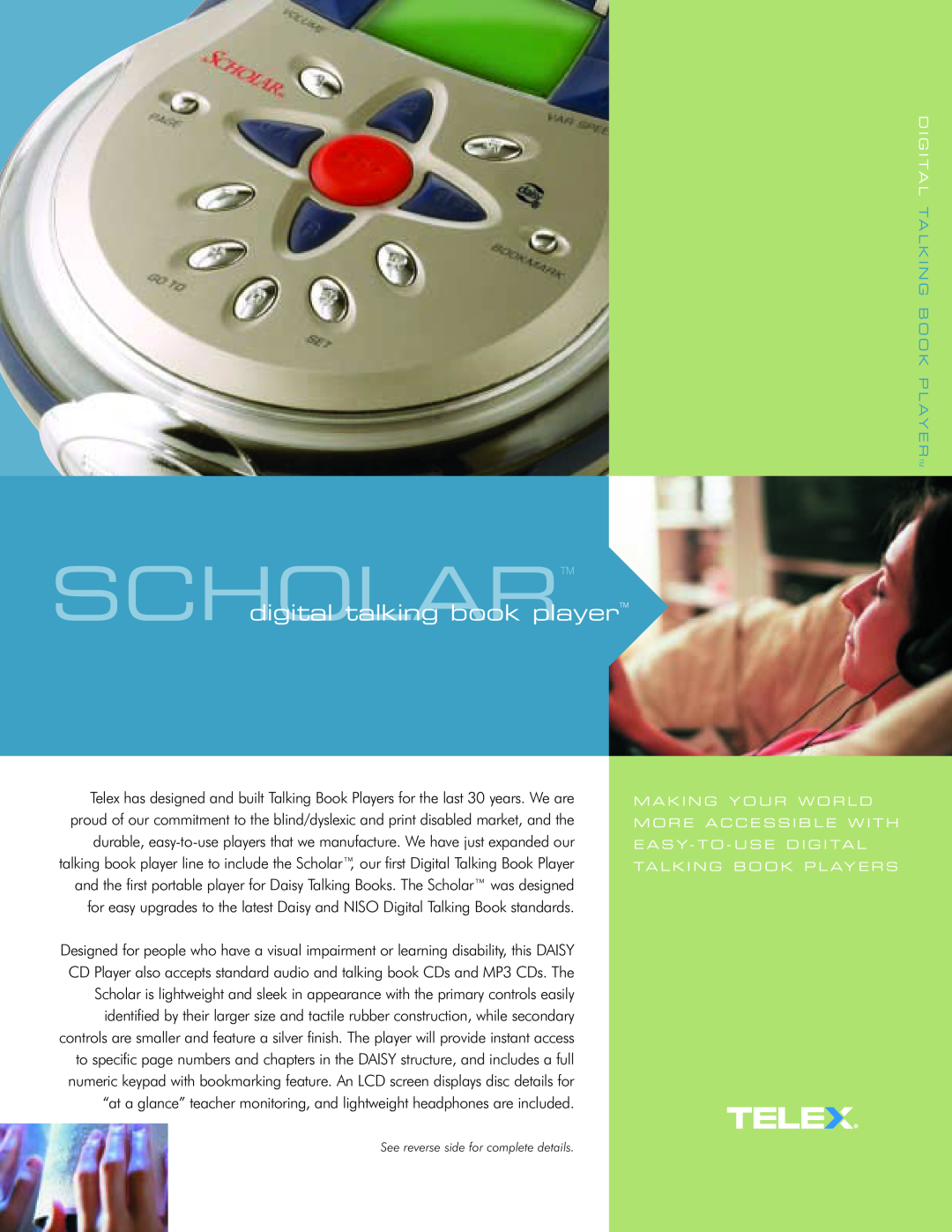 Telex manual Scholartmtm, digital talking book player, See reverse side for complete details 