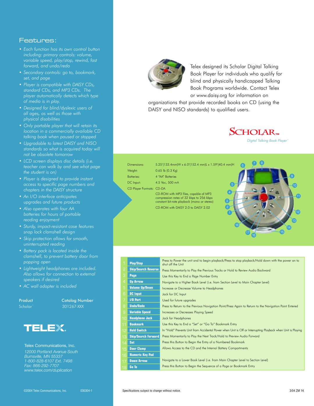 Telex Scholar manual Features 