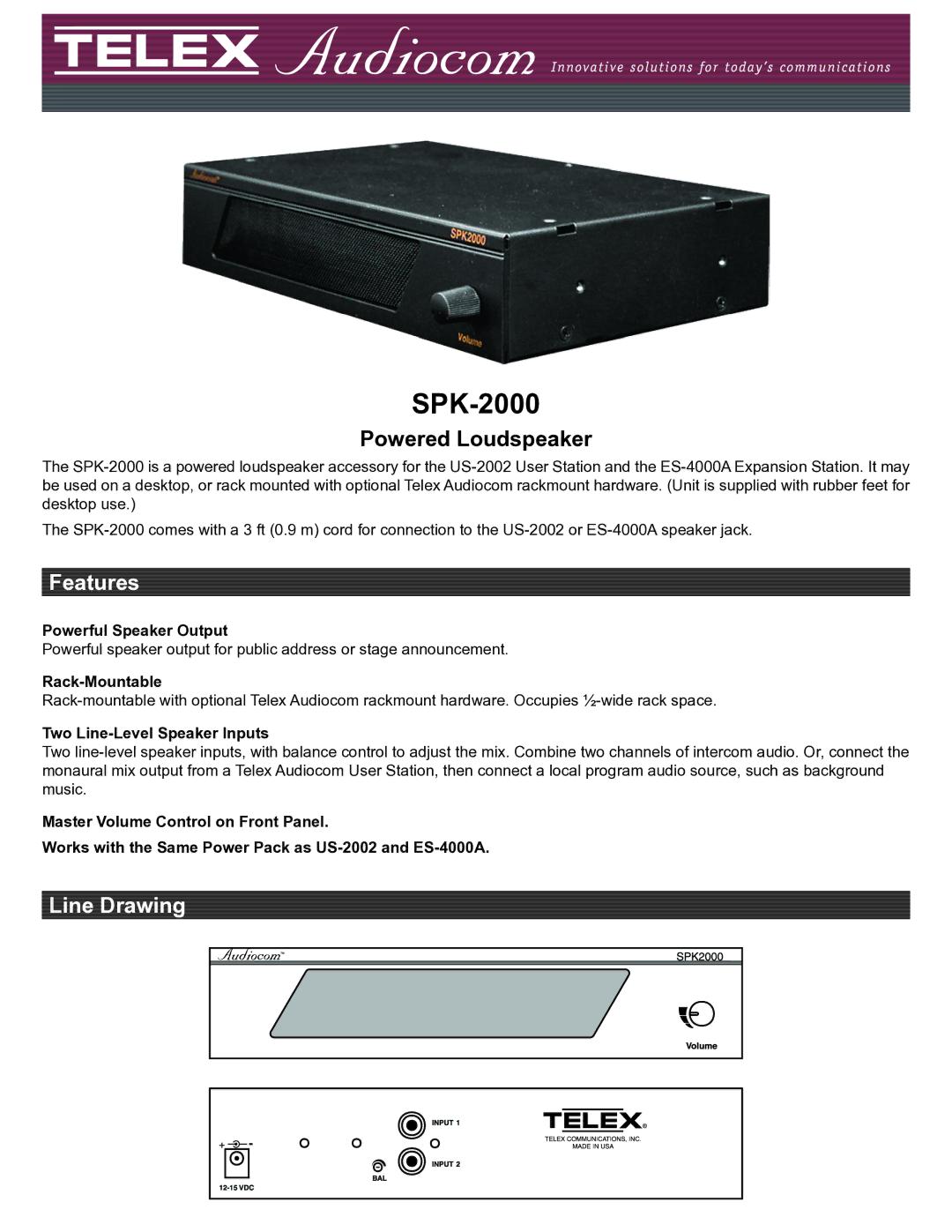 Telex SPK-2000 manual Powerful Speaker Output, Rack-Mountable, Two Line-Level Speaker Inputs 