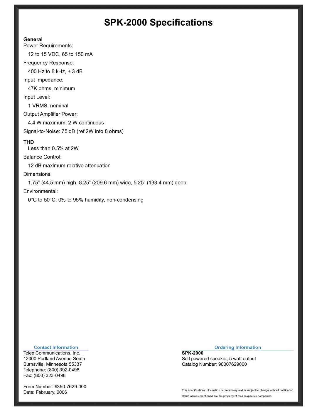 Telex manual SPK-2000 Specifications, General 